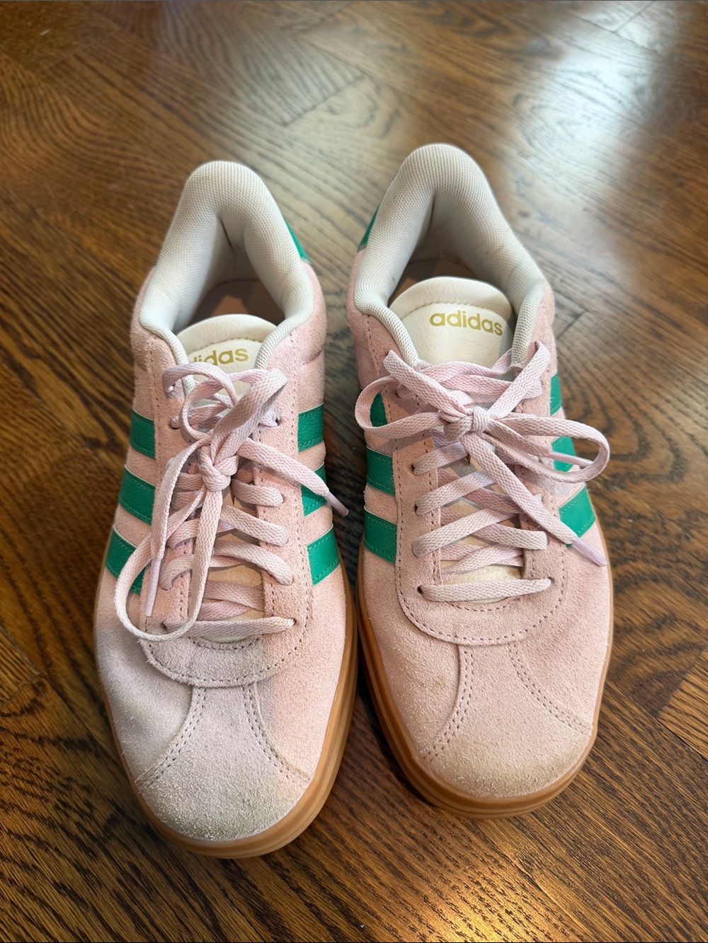 adidas Pink Suede Sneakers with Green Stripes
